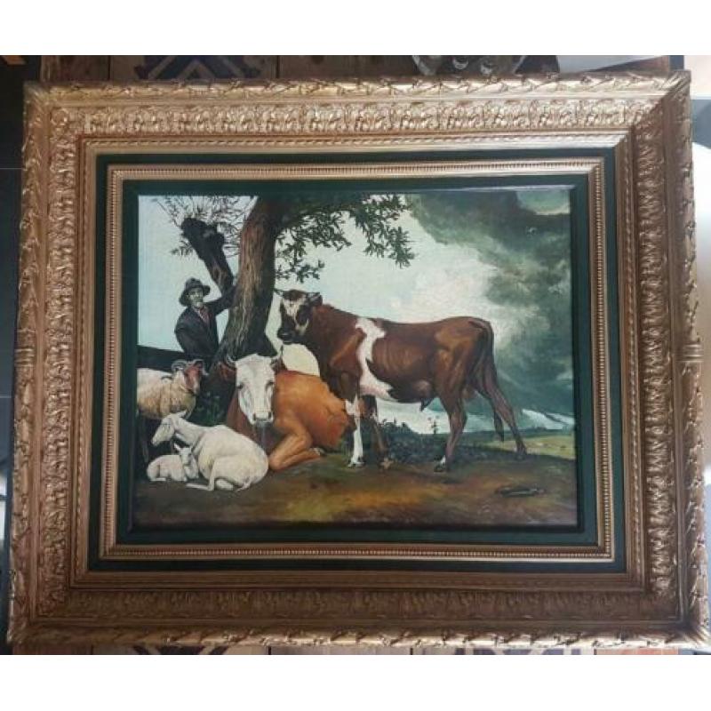 Groot schilderij Louis Gouvienne 1958 koe stier schaap